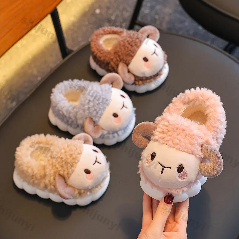 Girls fluffy lamb plush slippers in blush pink, camel, mocha brown and sky blue