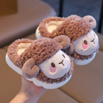 Mocha brown open-back girls lamb plush slippers