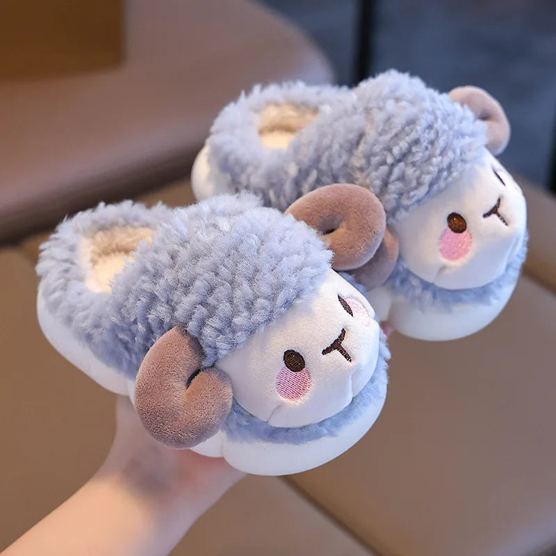 Sky blue open-back girls lamb plush slippers