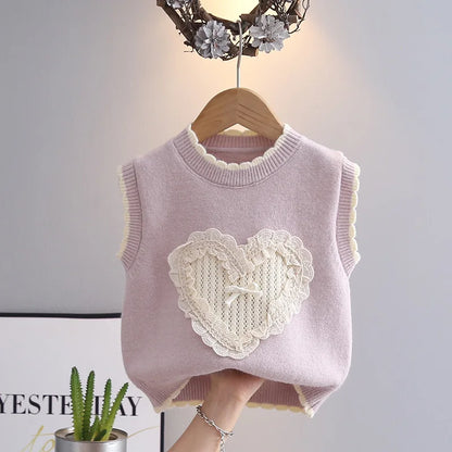 Lavender girls knit sweater vest with cream lace heart and ruffle trim