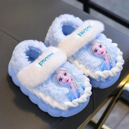Blue girls ice princess plush cloud slippers, closed back style