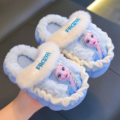 Blue girls ice princess plush cloud slippers, open back style