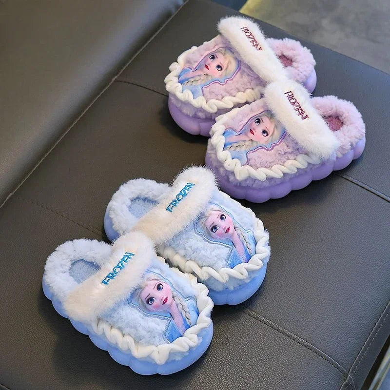 Pair of blue girls ice princess plush slippers with ruffled cloud sole