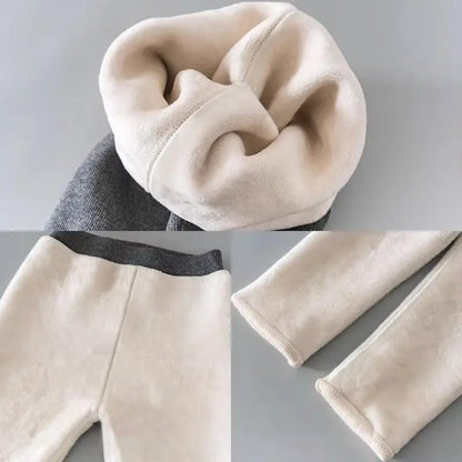 Close-up of thick plush fleece lining inside girls winter leggings