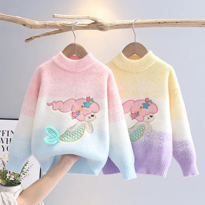 Girls mermaid princess knit sweaters in pastel ombre colors