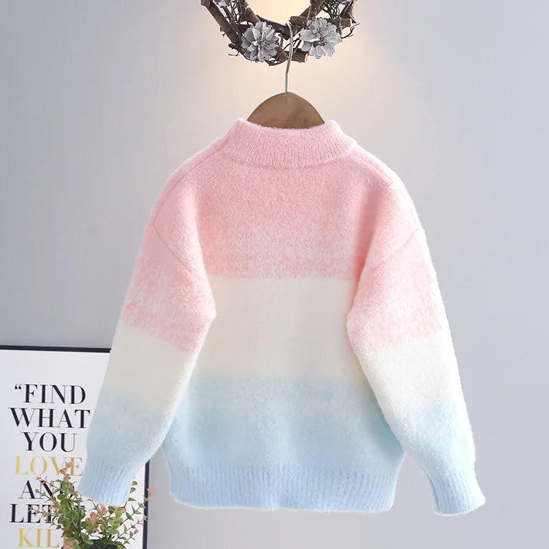 Back view of the pink and blue ombre girls knit sweater