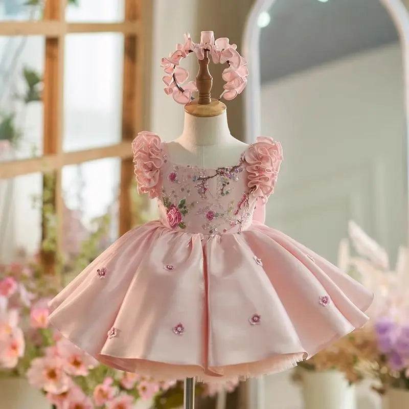 Girls pink satin ball gown dress with floral embroidery for weddings and communion