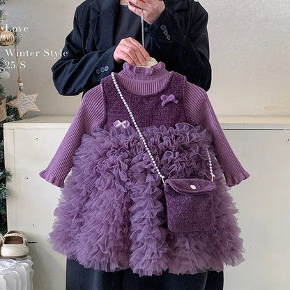 Purple tiered tulle ruffle dress over a long-sleeve knit top for girls