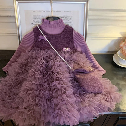 Girls purple tulle ruffle dress set with ribbed knit top, front view
