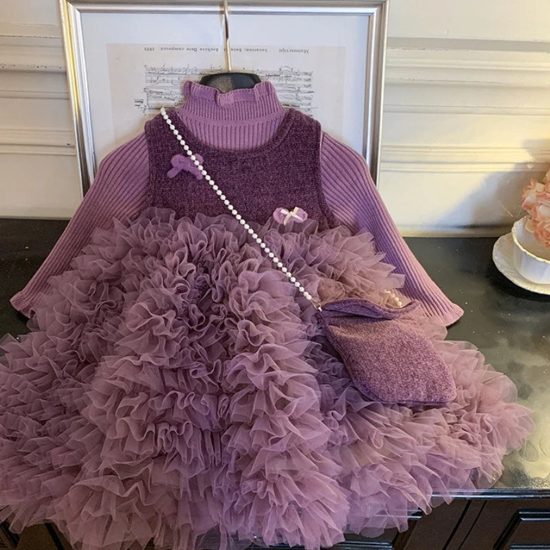 Girls purple tulle ruffle dress set with ribbed knit top, front view