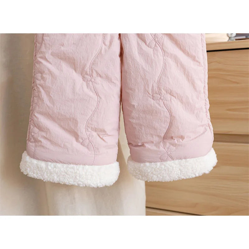 Sherpa cuff detail on blush pink girls quilted winter pants
