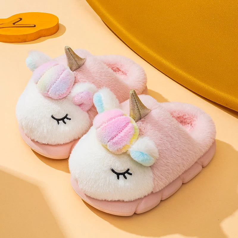 Blush pink fluffy unicorn slippers for girls with golden horn
