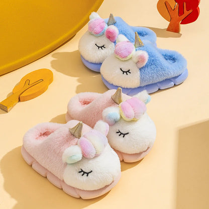 Girls sleepy unicorn plush slippers in blush pink and sky blue with golden horn