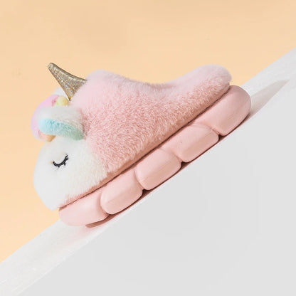 Side view of unicorn plush slipper showing chunky cushioned cloud sole