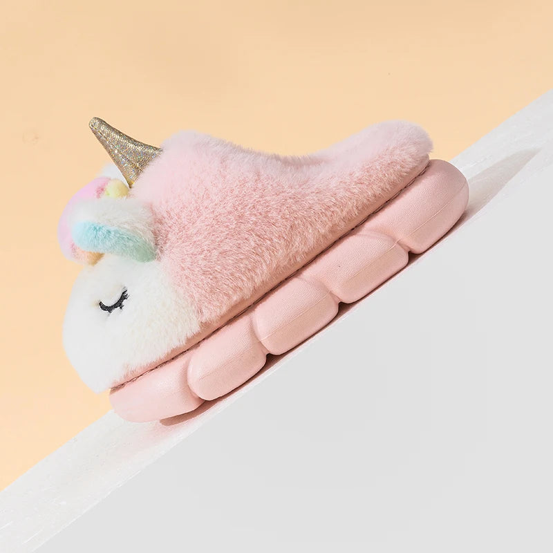 Side view of unicorn plush slipper showing chunky cushioned cloud sole