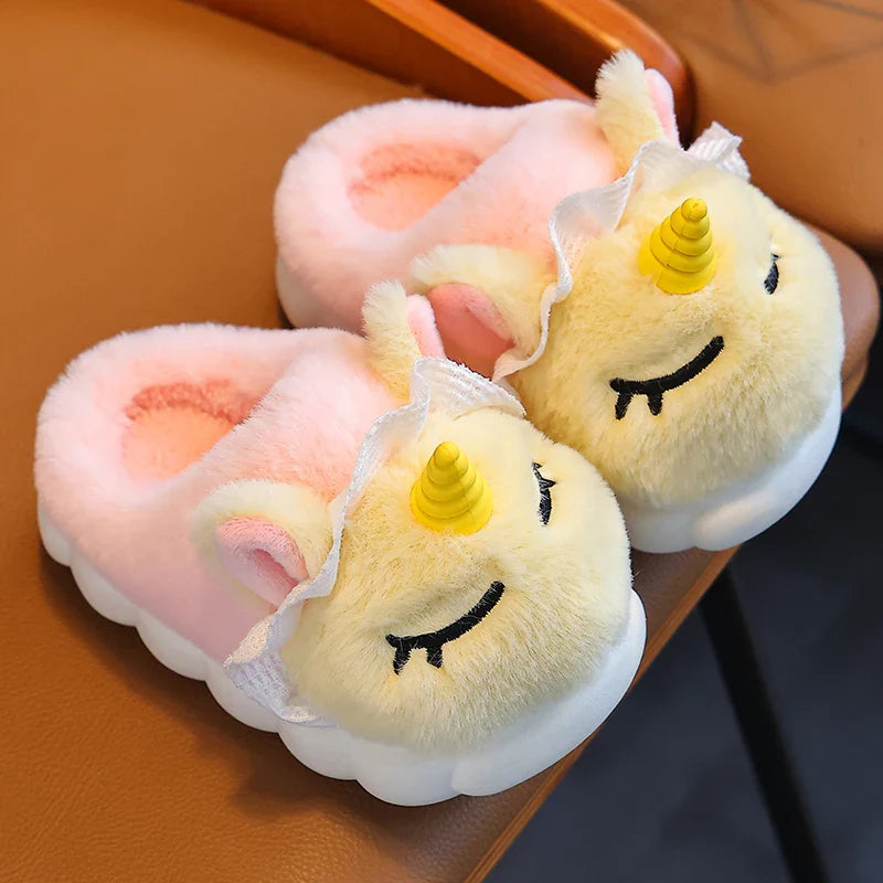 Blush pink unicorn cloud slippers with lemon face and golden horn