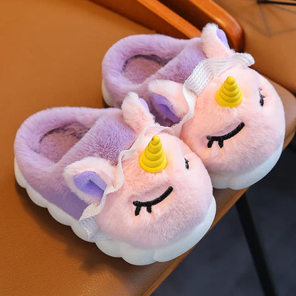 Lavender unicorn cloud slippers with pink face and lace collar