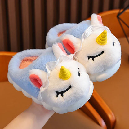 Girls unicorn plush cloud slippers in sky blue with golden horn and lace collar