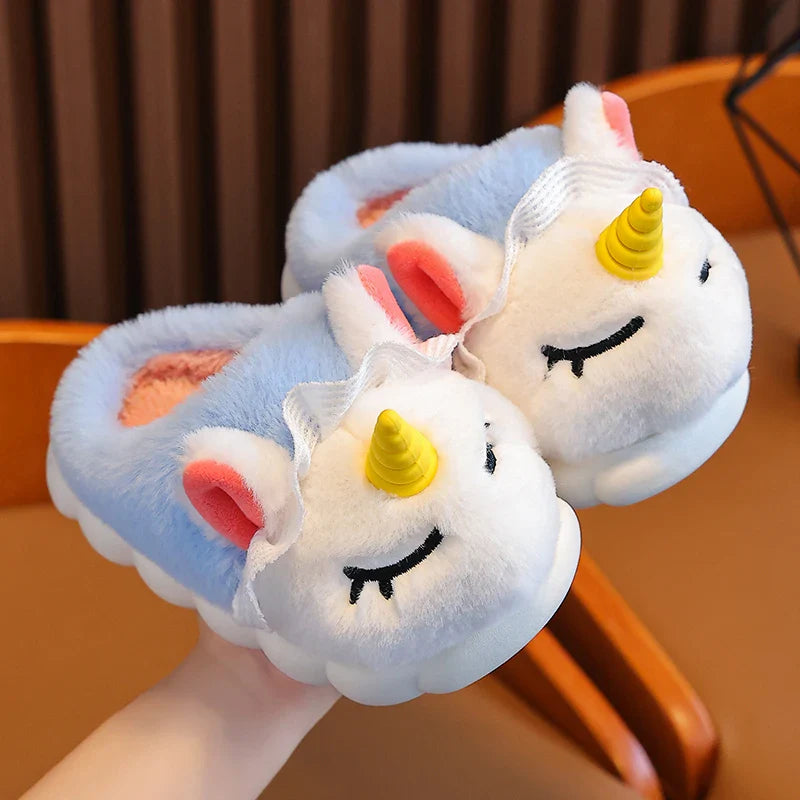 Girls unicorn plush cloud slippers in sky blue with golden horn and lace collar