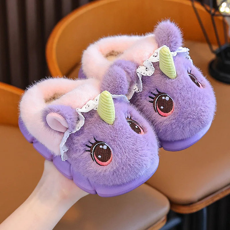 Lavender girls unicorn plush slippers with sparkly eyes and lace trim