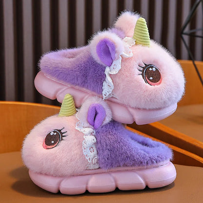 Side view of girls unicorn slippers showing open back and thick cushioned sole