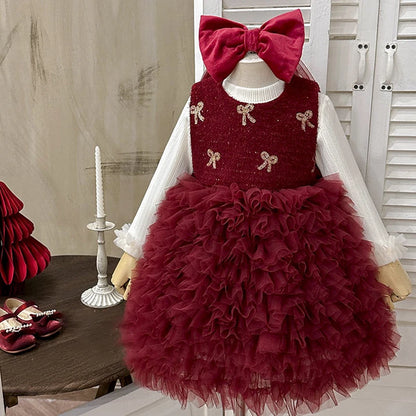 Wine red velvet and tulle Christmas dress set for girls, front view