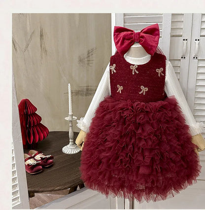 Wine red velvet and tulle Christmas dress set for girls with white knit top