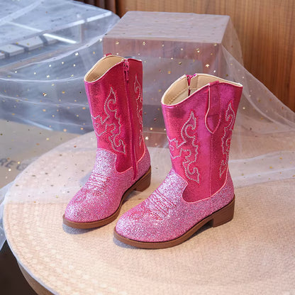 Pair of kids' cowgirl boots in dreamy sparkle colors, perfect for dresses, jeans and tutus