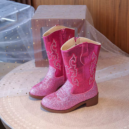 Girls' mid-calf glitter western boots with pointed toe and easy slip-on design by Magic Tree Kids