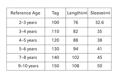 Golden Rose Princess Costume size chart with age, height in cm, US and EU sizes – Magic Tree Kids