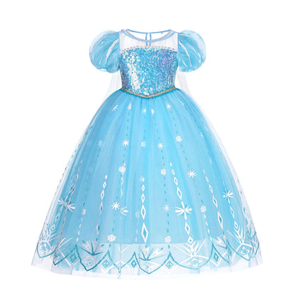 Girl in sparkling blue ice princess gown from the Snowlight Queen costume set, front view