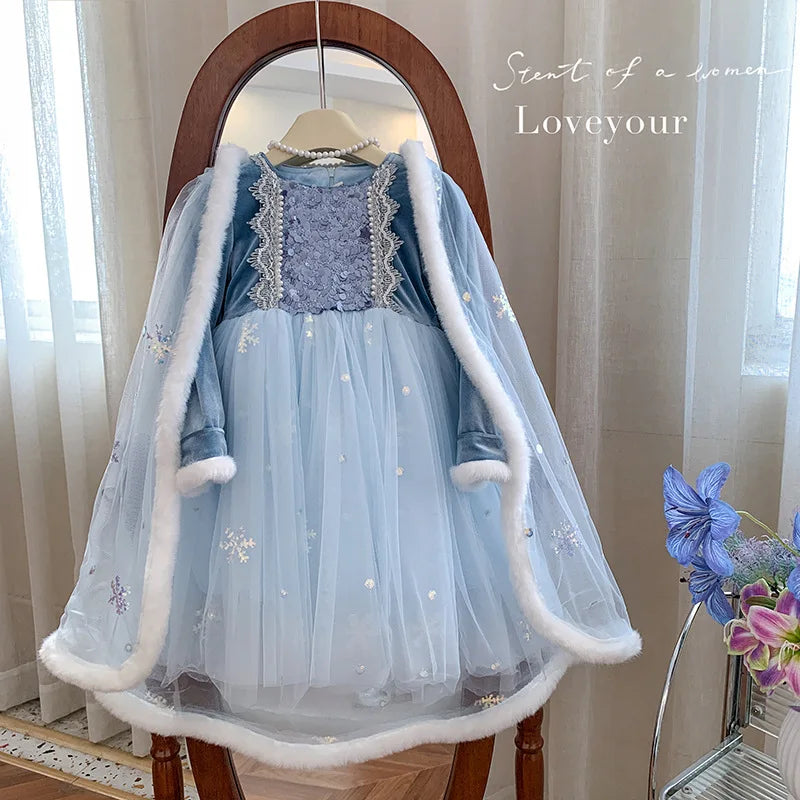 Ice Princess dress with cape for girls, front view – Magic Tree Kids