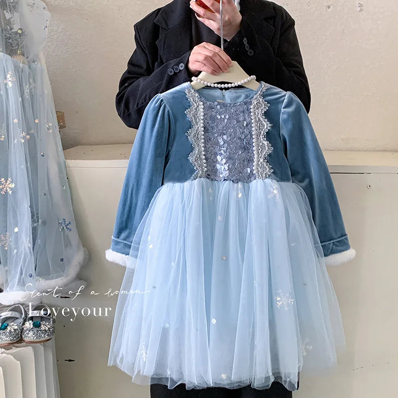 Ice Princess dress with cape for girls, back view with cape – Magic Tree Kids