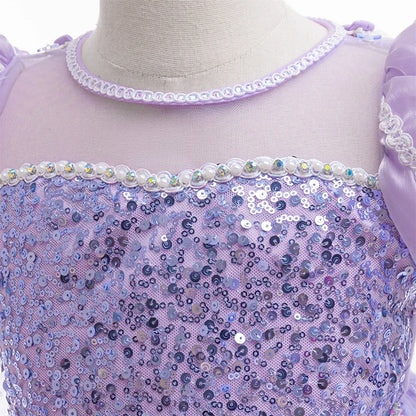 Girls' purple sequin princess ball gown with O-neck and half sleeves
