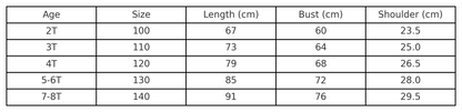 Ice Princess costume size chart with age, height in cm, US and EU sizes – Magic Tree Kids