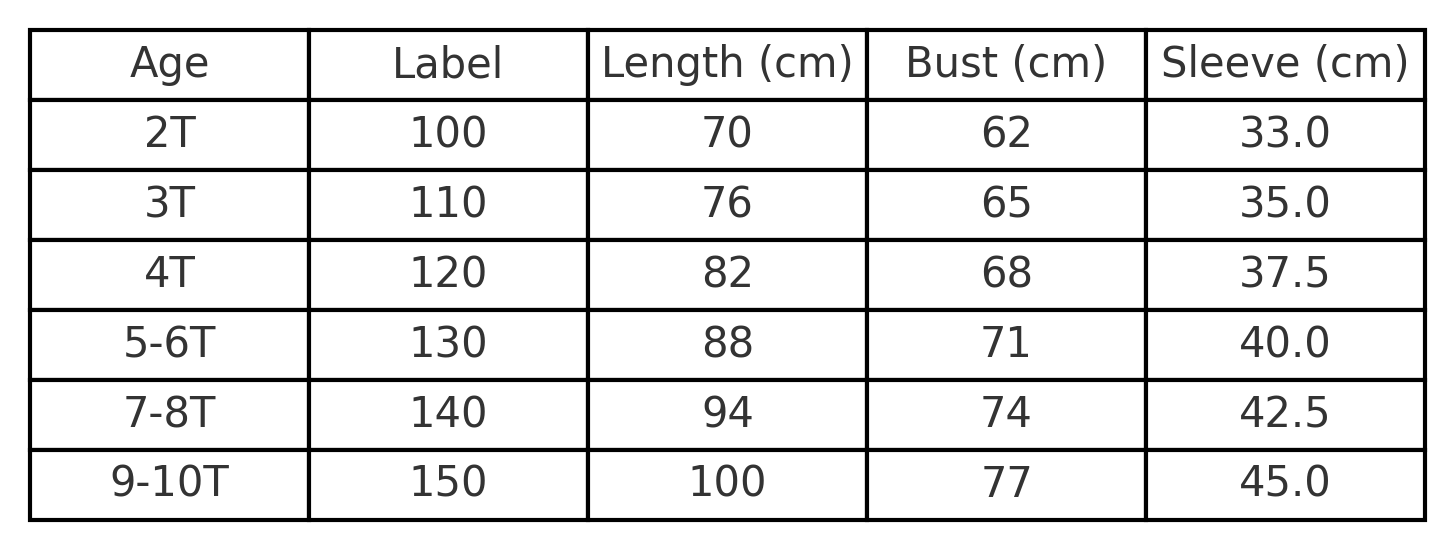Ice Queen plush collar costume size chart with age, height in cm, US and EU sizes – Magic Tree Kids