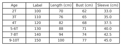 Ice Queen plush collar costume size chart with age, height in cm, US and EU sizes – Magic Tree Kids