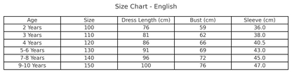 Ice Queen velvet and sequin costume size chart with age, height in cm, US and EU sizes – Magic Tree Kids