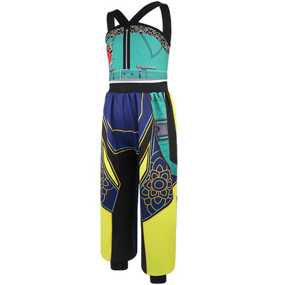 Close-up of girls' K-pop stage costume set showing bold colors and playful design details