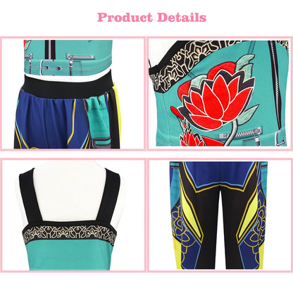 Full view of Magic Tree Kids girls' K-pop stage warrior costume with matching wig accessory