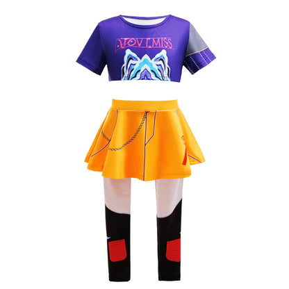 Trendy hip-hop girls' stage outfit with bold graphic print