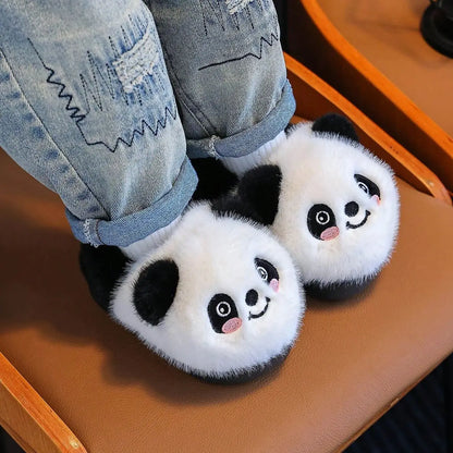 Child wearing fluffy panda plush slippers with jeans