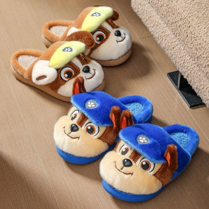 Kids 3D puppy plush slide slippers in brown and blue