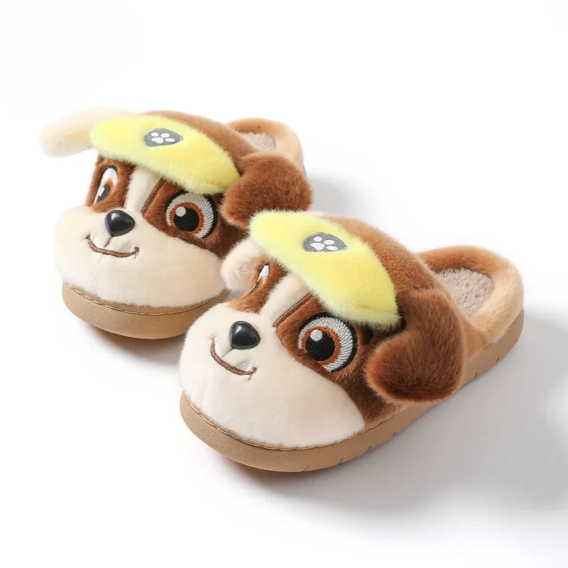 Brown kids 3D puppy plush slide slippers