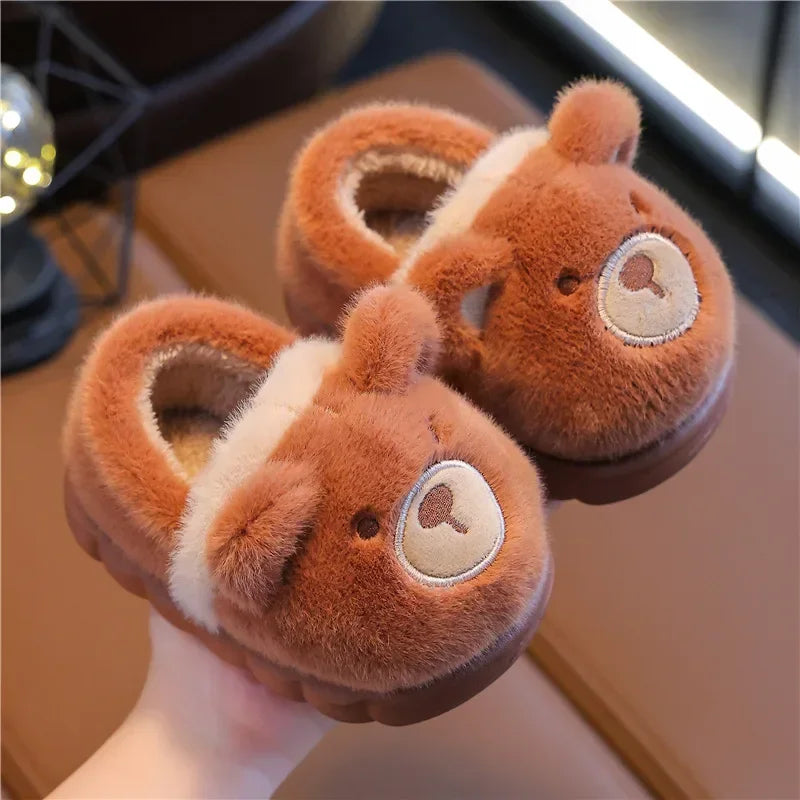 Brown bear plush cloud slippers for kids with round ears and embroidered snout