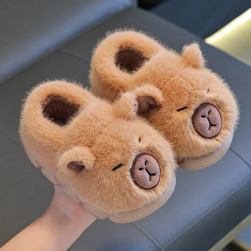 Pair of fluffy capybara cloud slippers for toddlers with plush lining