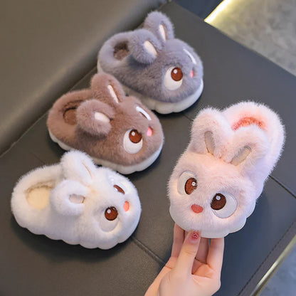 Kids fluffy bunny slippers in mocha brown, dove gray, cloud white and blush pink