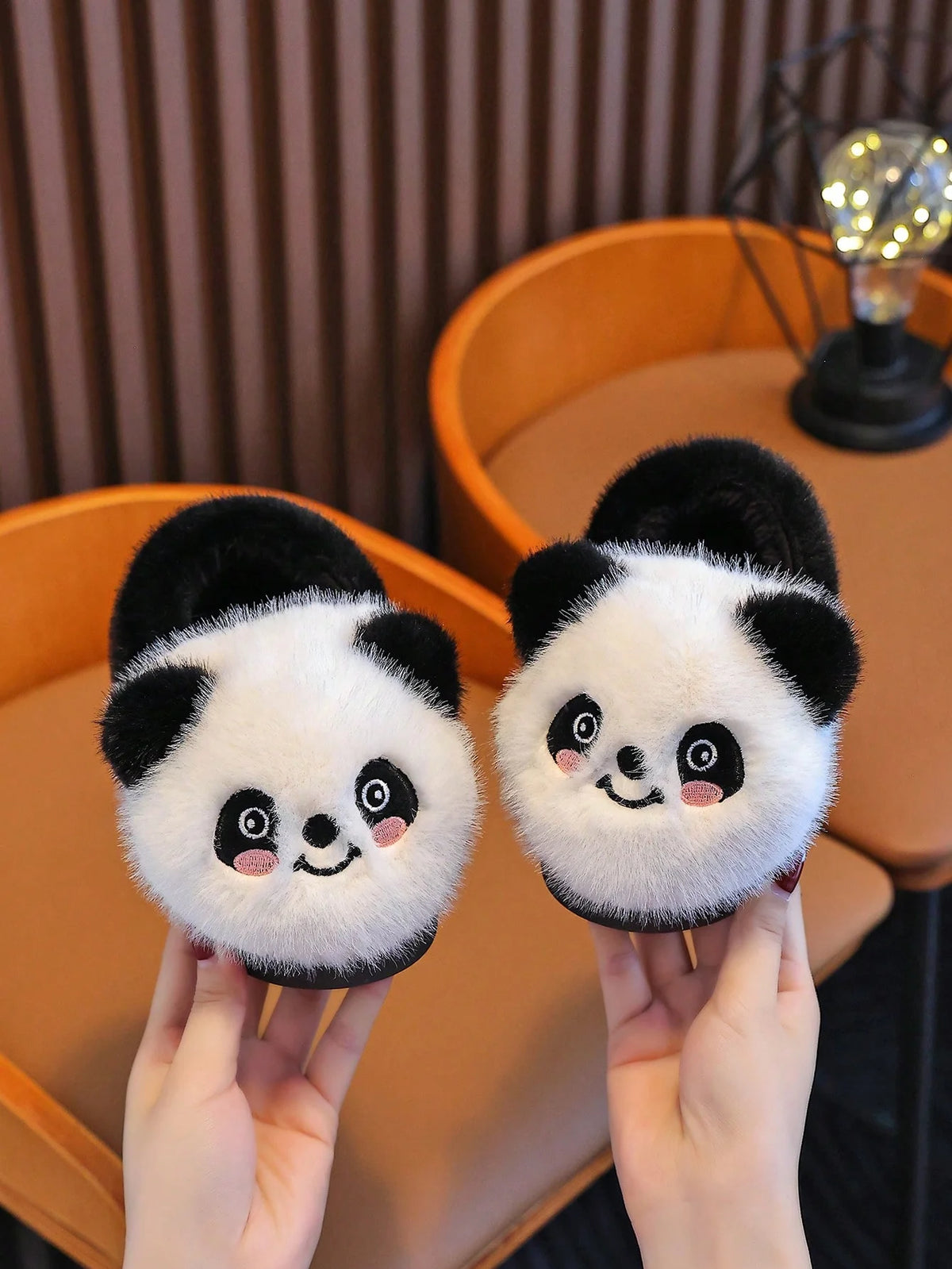 Kids panda plush slippers with soft fuzzy upper