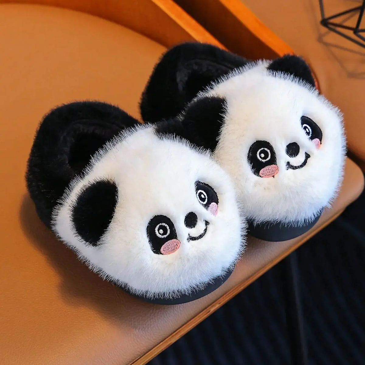 Fluffy panda plush slippers for toddlers with round ears and black sole
