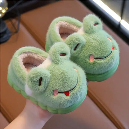 Pair of fluffy green frog cloud slippers for toddlers